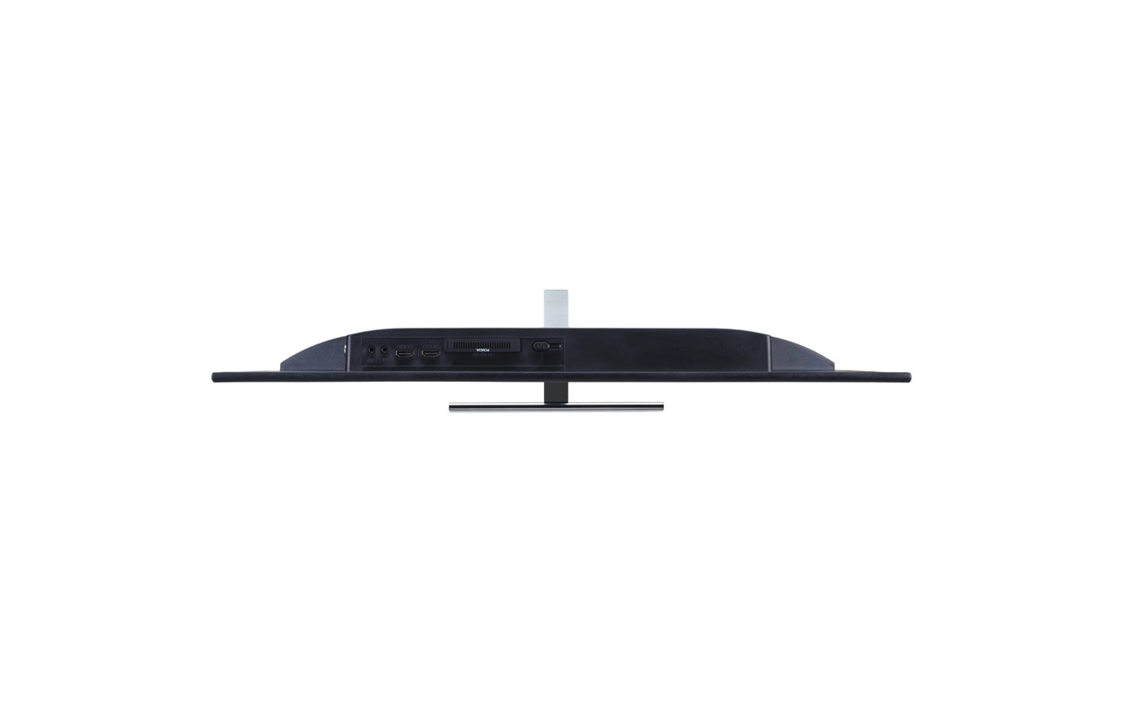 Schwarzer Flachbildschirm auf mittigem Ständer, Rückseite mit Anschlüssen und Kartenslot sichtbar, Seitenansicht