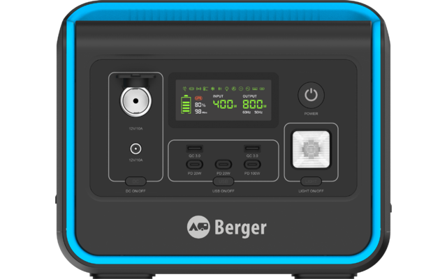 Vorderseite eines schwarzen, rechteckigen Geräts mit türkisblauer Umrandung; mittiges LCD-Display zeigt Batteriesymbol und '400 W'; rechts oben Ein-/Ausschalter und darunter quadratische LED-Leuchte; links und unter dem Display mehrere runde und rech