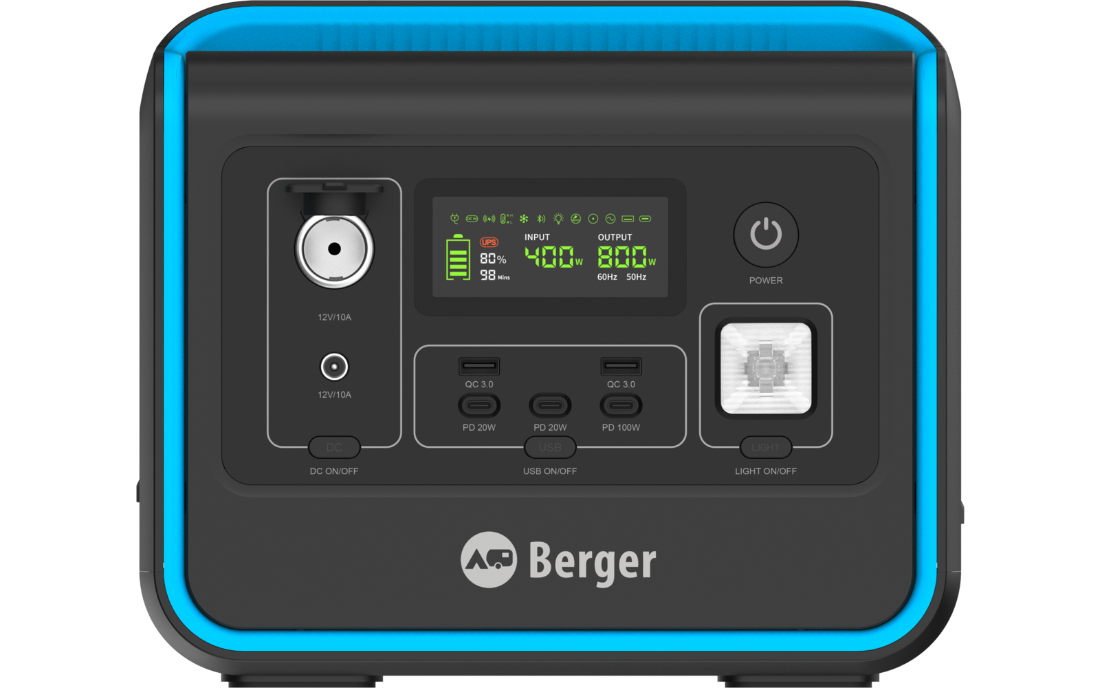 Vorderseite eines schwarzen, rechteckigen Geräts mit türkisblauer Umrandung; mittiges LCD-Display zeigt Batteriesymbol und '400 W'; rechts oben Ein-/Ausschalter und darunter quadratische LED-Leuchte; links und unter dem Display mehrere runde und rech