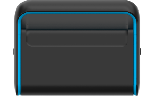 Schwarzes, rechteckiges Objekt mit abgerundeten Ecken, matter Oberfläche, blauen Streifen an den Seiten und einer schmalen blauen Linie am oberen Rand