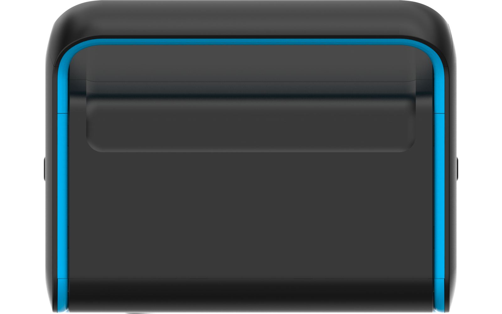 Schwarzes, rechteckiges Objekt mit abgerundeten Ecken, matter Oberfläche, blauen Streifen an den Seiten und einer schmalen blauen Linie am oberen Rand