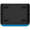Schwarzes rechteckiges Gerät mit abgerundeten Ecken, vier ovalen Vertiefungen und blauem Streifen an der Unterkante