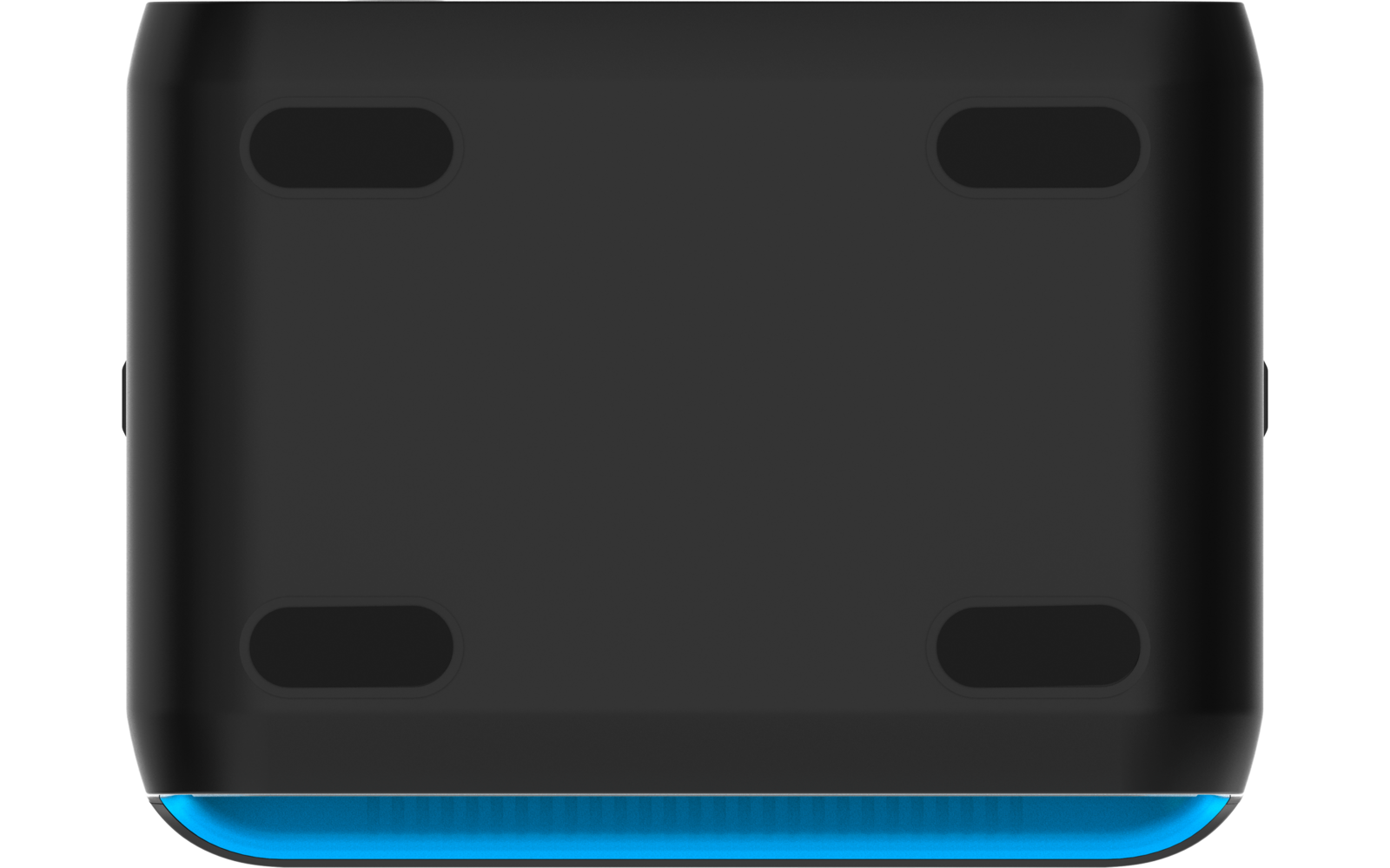 Schwarzes rechteckiges Gerät mit abgerundeten Ecken, vier ovalen Vertiefungen und blauem Streifen an der Unterkante