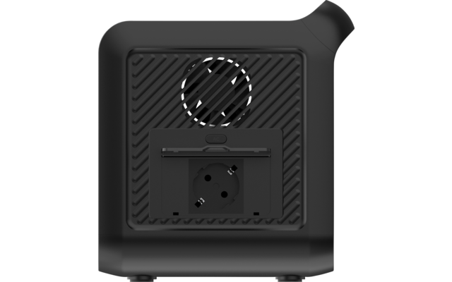 Schwarzes, quadratisches Gerät mit abgerundetem oberen Eck, geriffelter Frontplatte, kreisförmigem Lüftungsgitter oben und eingebauter europäischer Schutzkontakt-Steckdose unten