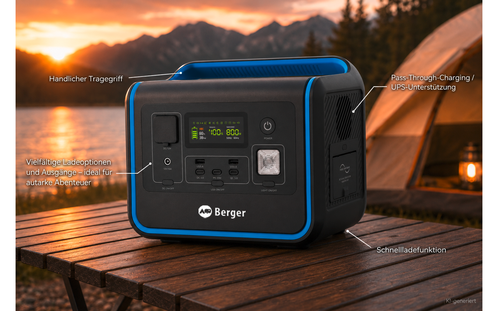 Appareil électronique avec logo Berger, bordure bleue, écran numérique, plusieurs prises et poignée de transport sur une table en bois ; tente, lanterne, montagnes et coucher de soleil en arrière-plan