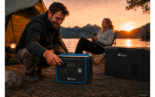 Homme à genoux près d'une centrale électrique portable en train de la manipuler, femme assise sur une chaise de camping tenant une tasse, en arrière-plan tente, lanterne, lac, montagnes et coucher de soleil