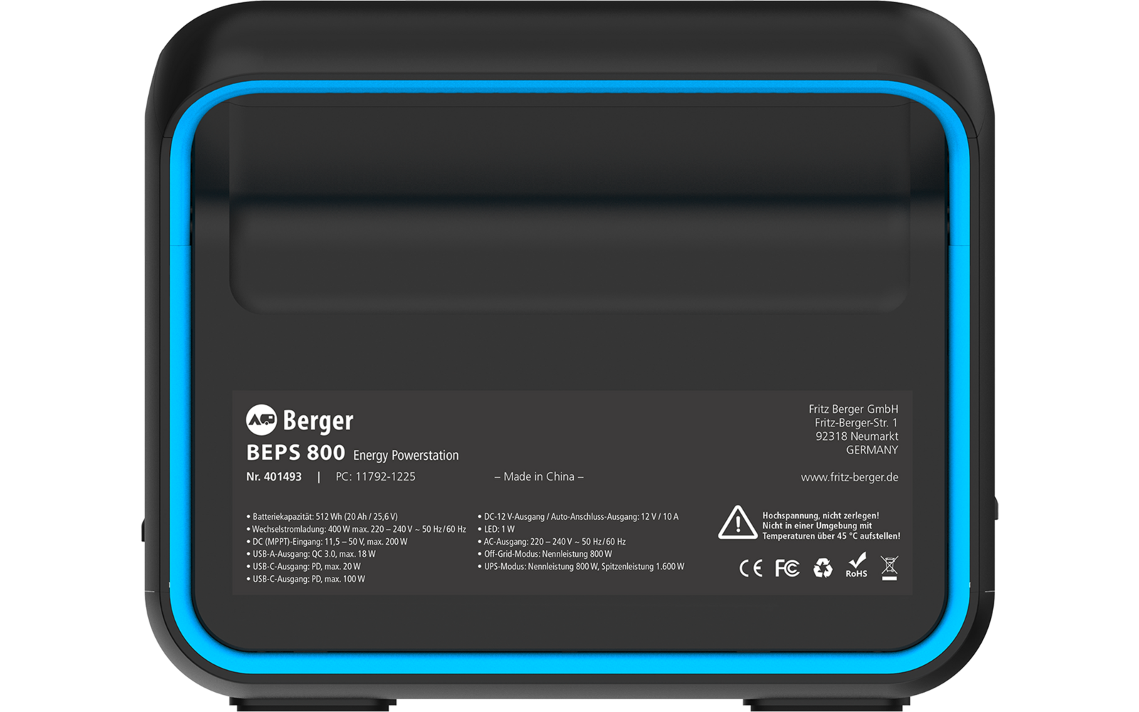 Retro di un dispositivo nero con cornice blu luminosa e un'etichetta con la scritta '800W Portable Power Station' e specifiche tecniche