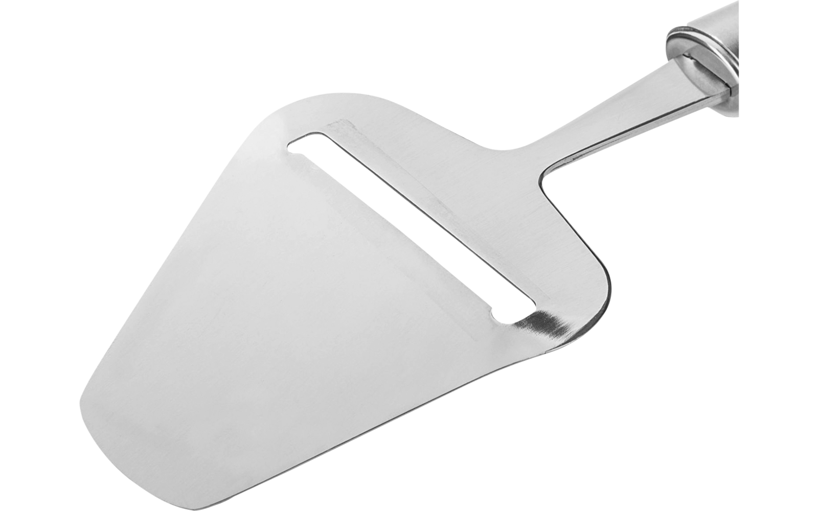 Pièce en acier inoxydable avec lame plate et triangulaire, fente horizontale près de la pointe et manche sur fond blanc