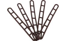 Fünf braune, längliche Gegenstände mit rechteckigen Aussparungen, fächerförmig angeordnet auf weißem Hintergrund