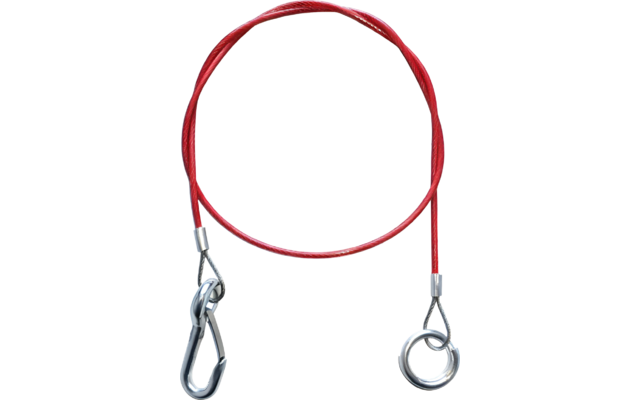 Rotes Seil mit Metallkarabiner an einem Ende und Metallring am anderen, auf weißem Hintergrund