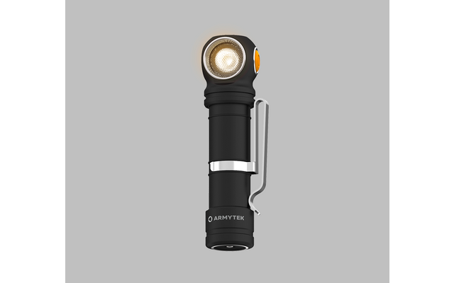 Schwarze Taschenlampe mit silbernem Clip, leuchtet gelblich