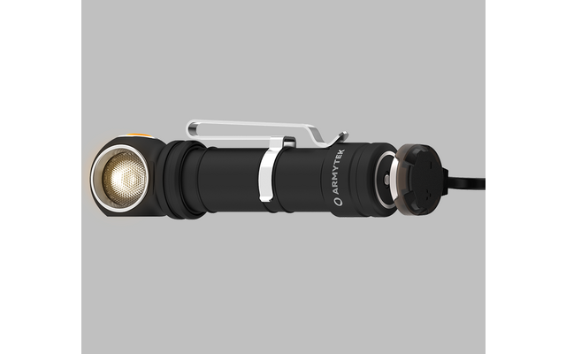 Schwarze Taschenlampe mit silbernem Clip und eingeschaltetem Licht