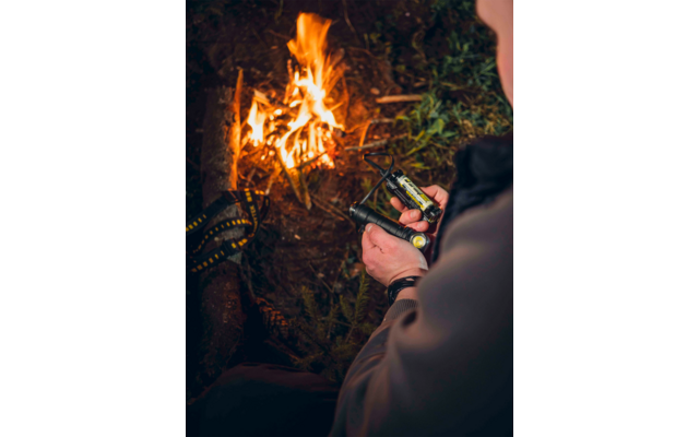 Eine Person macht ein Lagerfeuer im Wald, das Feuer brennt hell