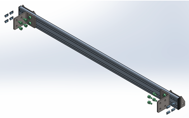 Langes horizontales Aluminiumprofil mit grauen Montageplatten an beiden Enden, grünen Schrauben und Muttern sowie kleinen separat dargestellten Anschlussplatten vor weiß-grauem Hintergrund