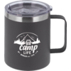 Dark insulated mug with handle and clear lid; white printed graphic of a mountain, camper van, trees and the texts 'camp LIFE' and 'BERGER est. 1958'