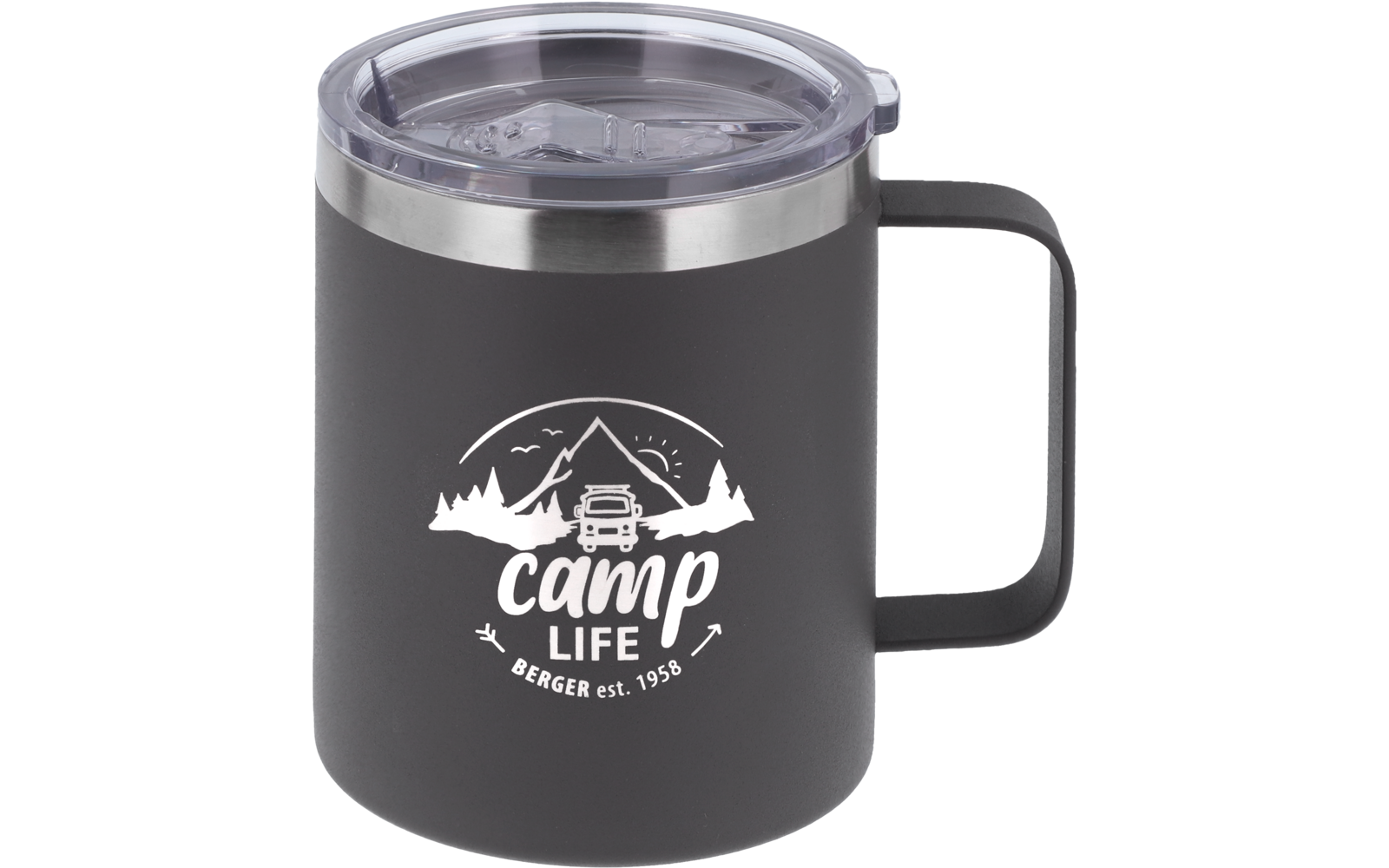 Dark insulated mug with handle and clear lid; white printed graphic of a mountain, camper van, trees and the texts 'camp LIFE' and 'BERGER est. 1958'