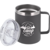 Dark gray insulated mug with handle and clear lid beside it; white printed graphic of mountains, a van, the text 'camp life' and smaller inscription 'berger est. 1958'
