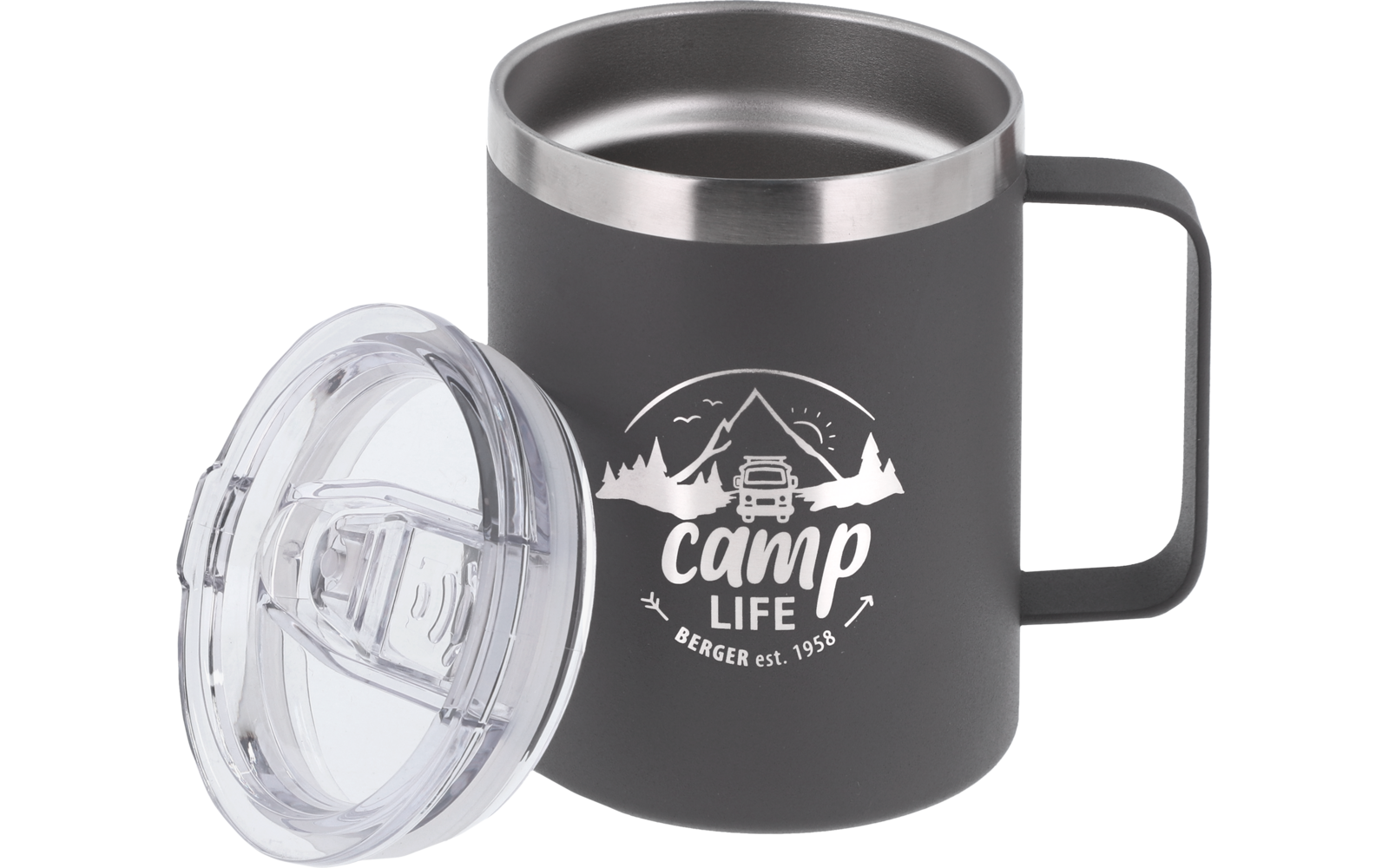 Dark gray insulated mug with handle and clear lid beside it; white printed graphic of mountains, a van, the text 'camp life' and smaller inscription 'berger est. 1958'