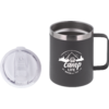 Black insulated mug with handle, white logo with mountains, camper and text camp life, transparent plastic lid beside the mug