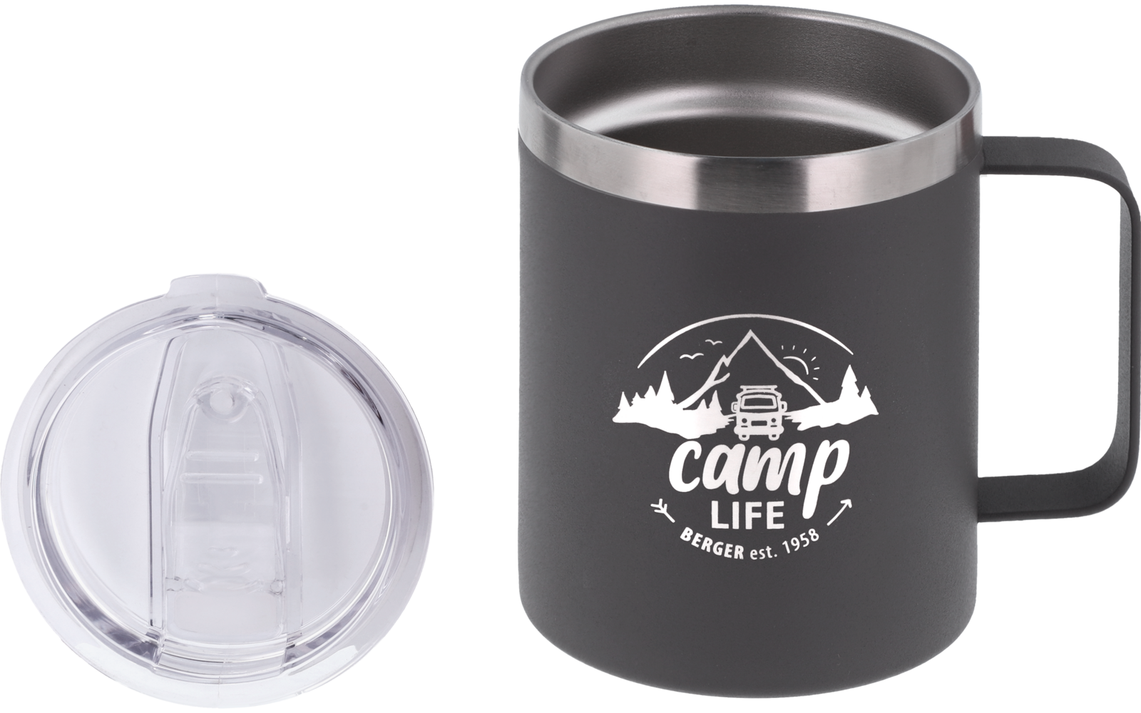 Black insulated mug with handle, white logo with mountains, camper and text camp life, transparent plastic lid beside the mug