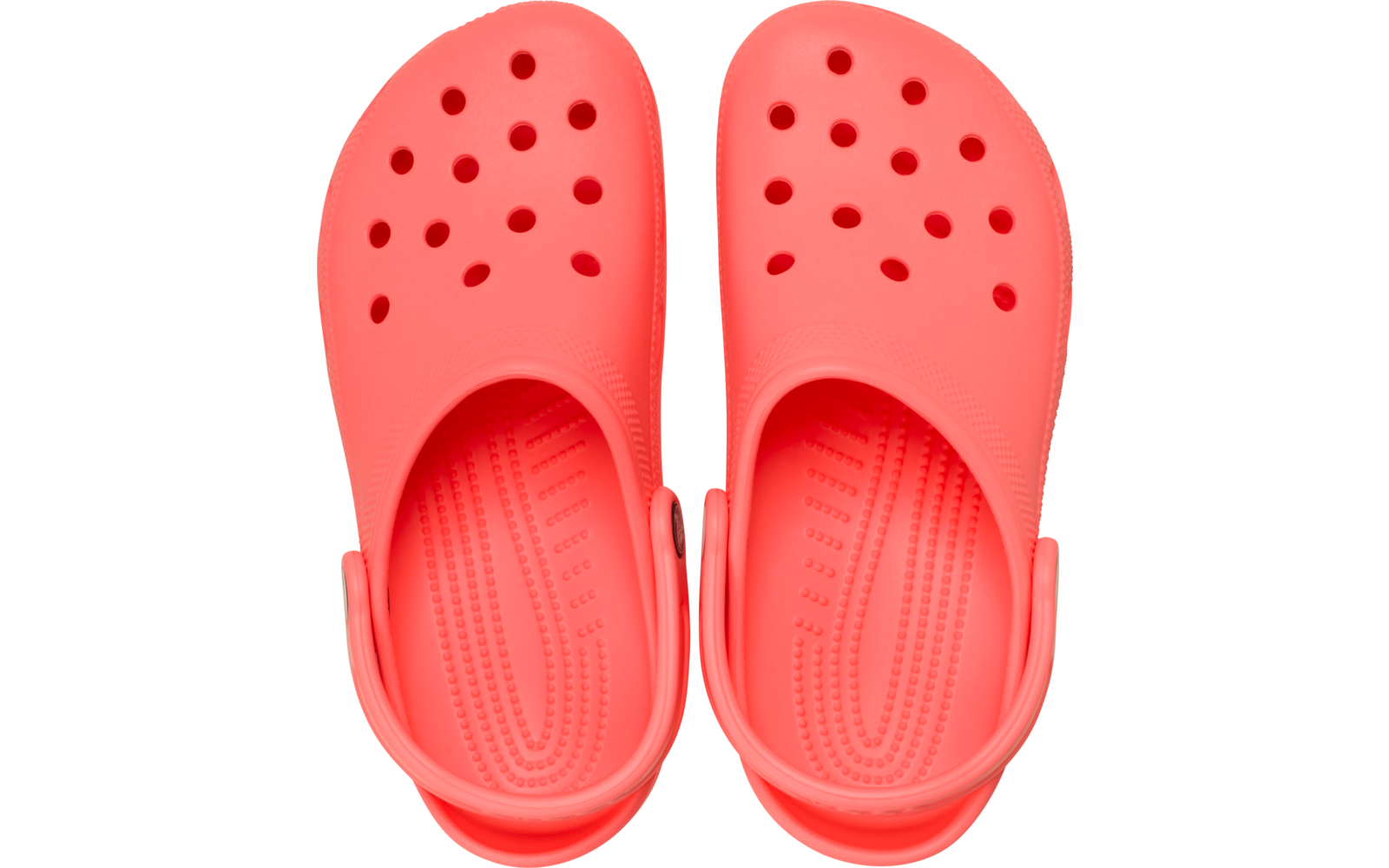 Paar korallenroter Kunststoff-Clogs, Draufsicht, mit Lüftungsöffnungen und Fersenriemen