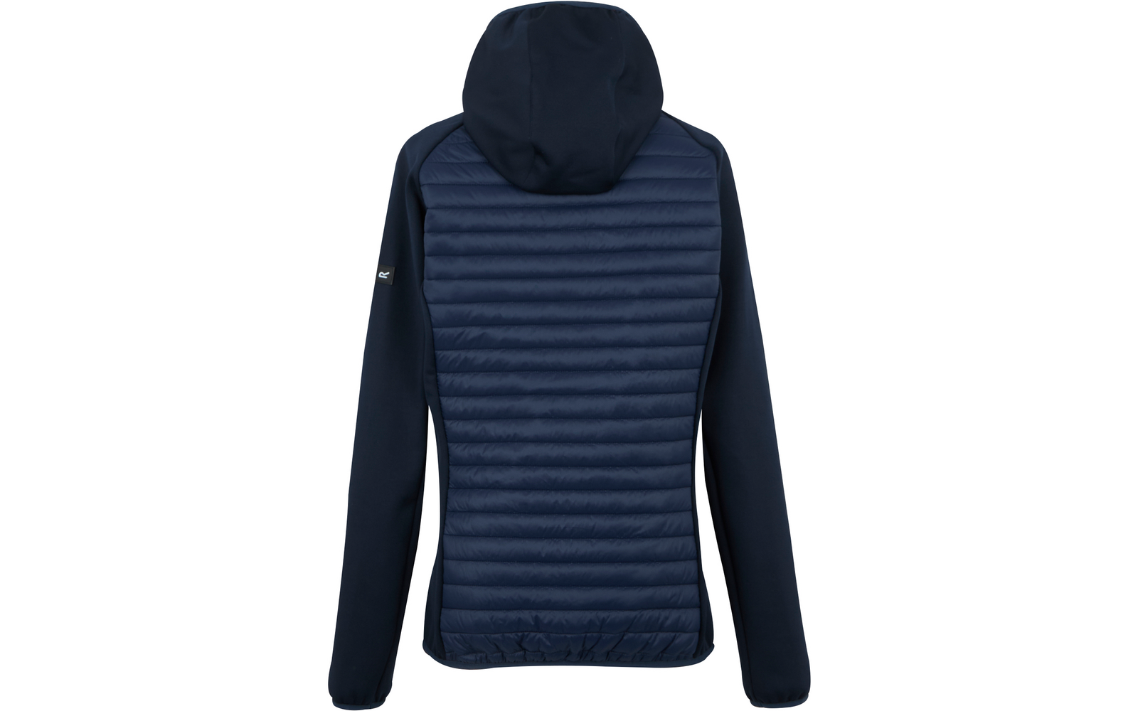 Rückenansicht einer dunkelblauen Jacke mit Kapuze, horizontal gesteppter Rückenpartie, glatten Ärmeln, elastischem Saum und kleinem Logo auf dem linken Ärmel