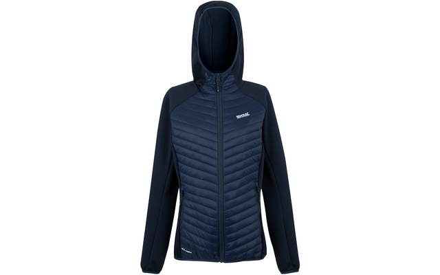 Dunkelblaue Kapuzenjacke mit Reißverschluss, gesteppte Vorderpartie, glatte Ärmel und Seiten, kleines weißes Logo auf der linken Brust