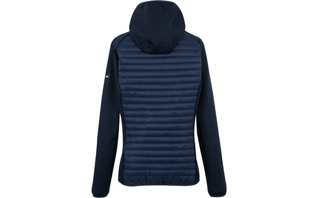 Rückenansicht einer dunkelblauen Jacke mit Kapuze, horizontal gesteppter Rückenpartie, glatten Ärmeln, elastischem Saum und kleinem Logo auf dem linken Ärmel