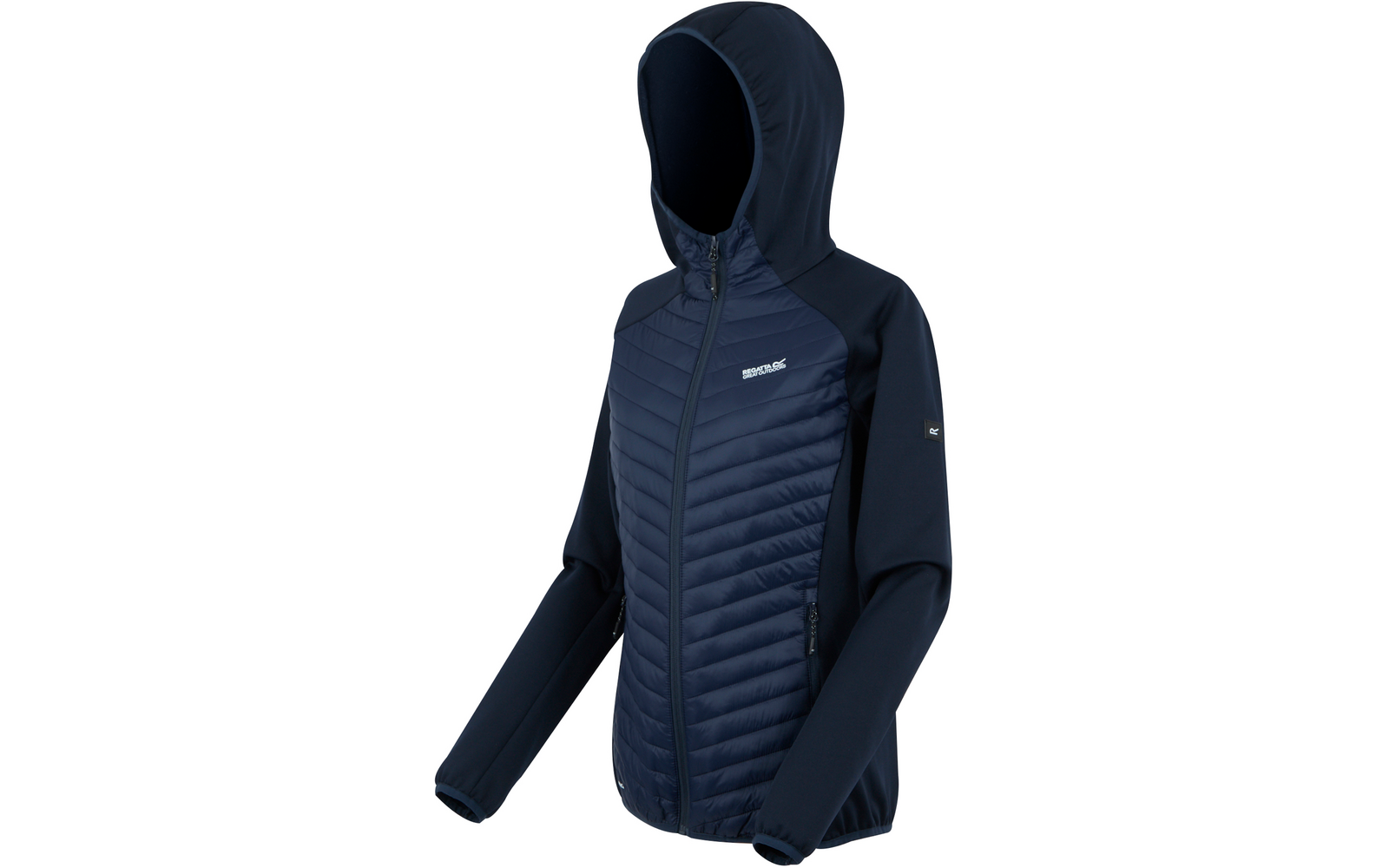 Dunkelblaue Kapuzenjacke mit gesteppter Front, durchgehendem Reißverschluss und Logoprint