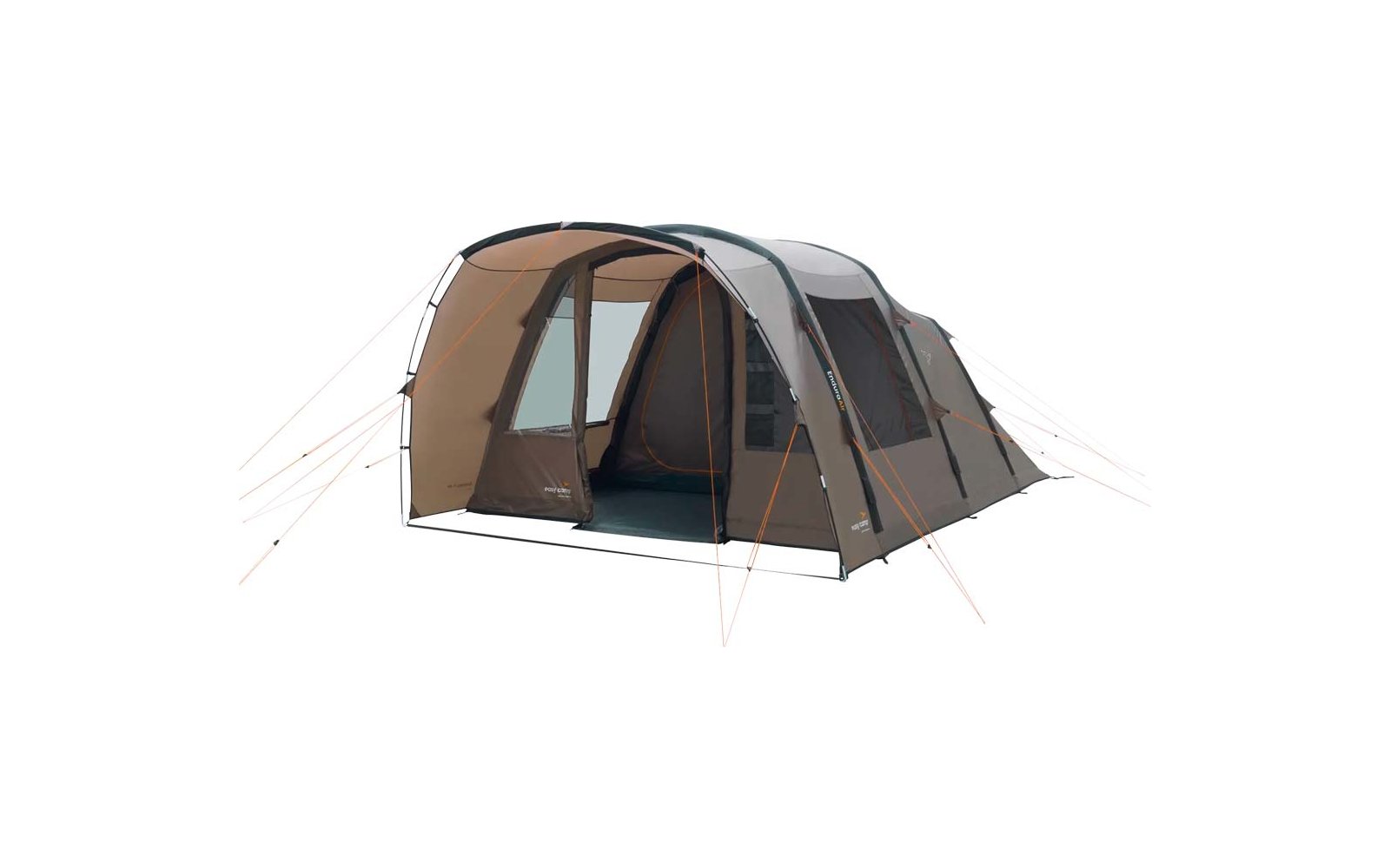 Großes graues und braunes Campingzelt mit geöffnetem Eingang