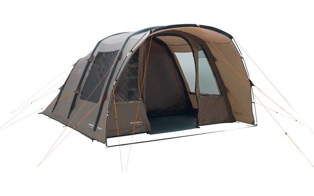 Großes braunes und graues Zelt mit offenen Fenstern auf weißem Hintergrund