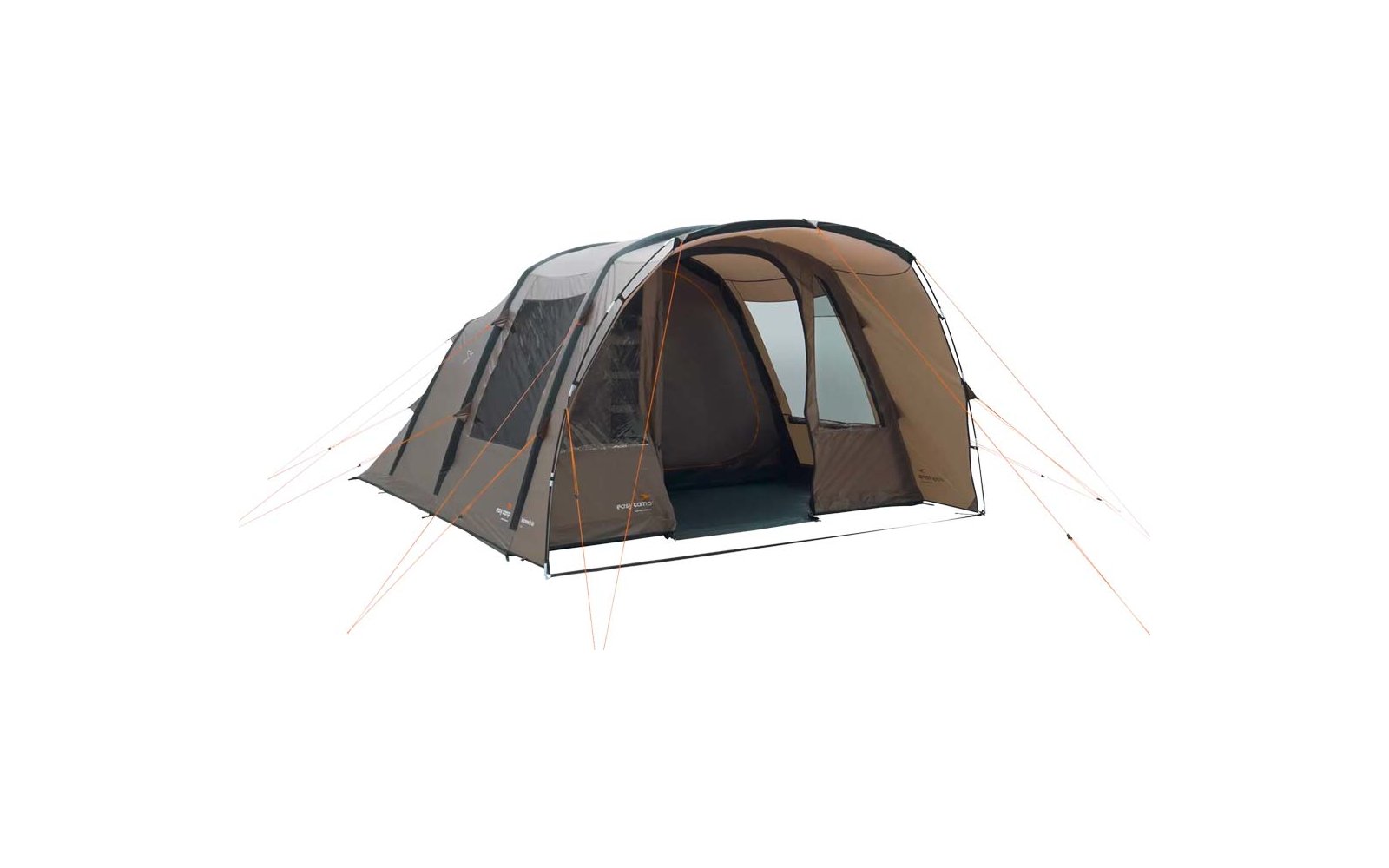 Großes braunes und graues Zelt mit offenen Fenstern auf weißem Hintergrund