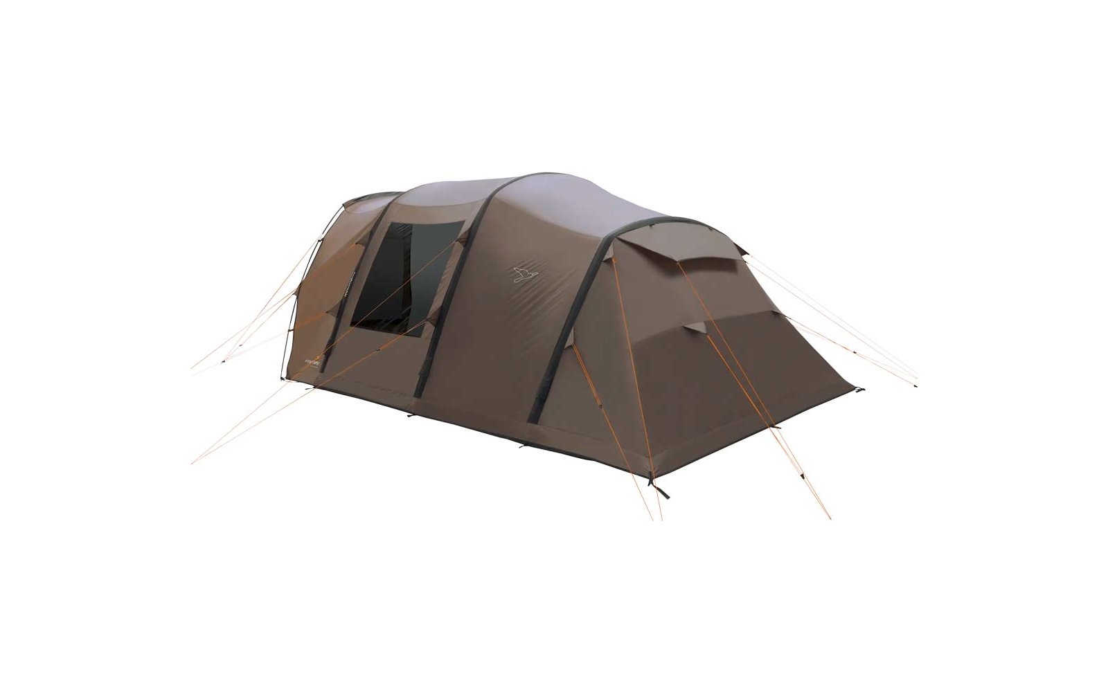 Großes braunes Zelt mit geöffnetem Eingangsbereich auf einer Wiese