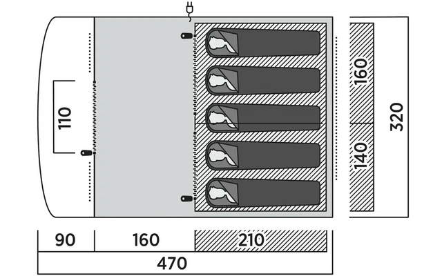 Technische Zeichnung mit Abmessungen von rechteckigem Objekt mit sechs Vertiefungen