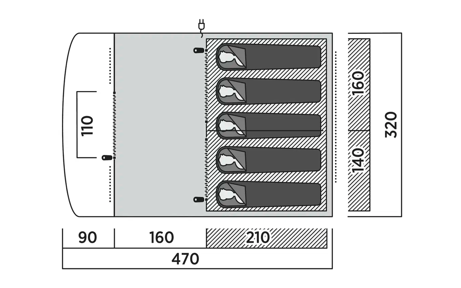 Technische Zeichnung mit Abmessungen von rechteckigem Objekt mit sechs Vertiefungen