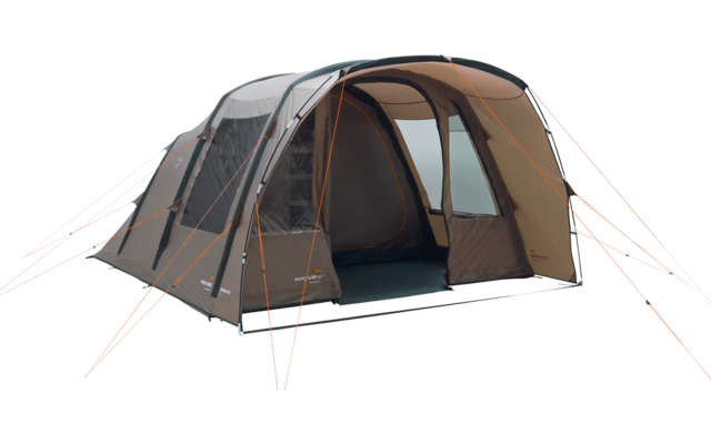 Grande tenda marrone e grigia con finestre aperte su sfondo bianco