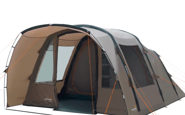 Großes graues und braunes Campingzelt mit geöffnetem Eingang