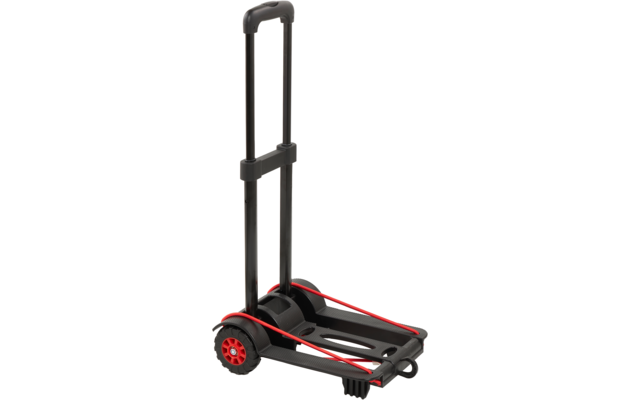 Chariot noir avec poignée télescopique déployée, deux roues noires à moyeux rouges, plateforme plate avec fentes et sangles élastiques rouges
