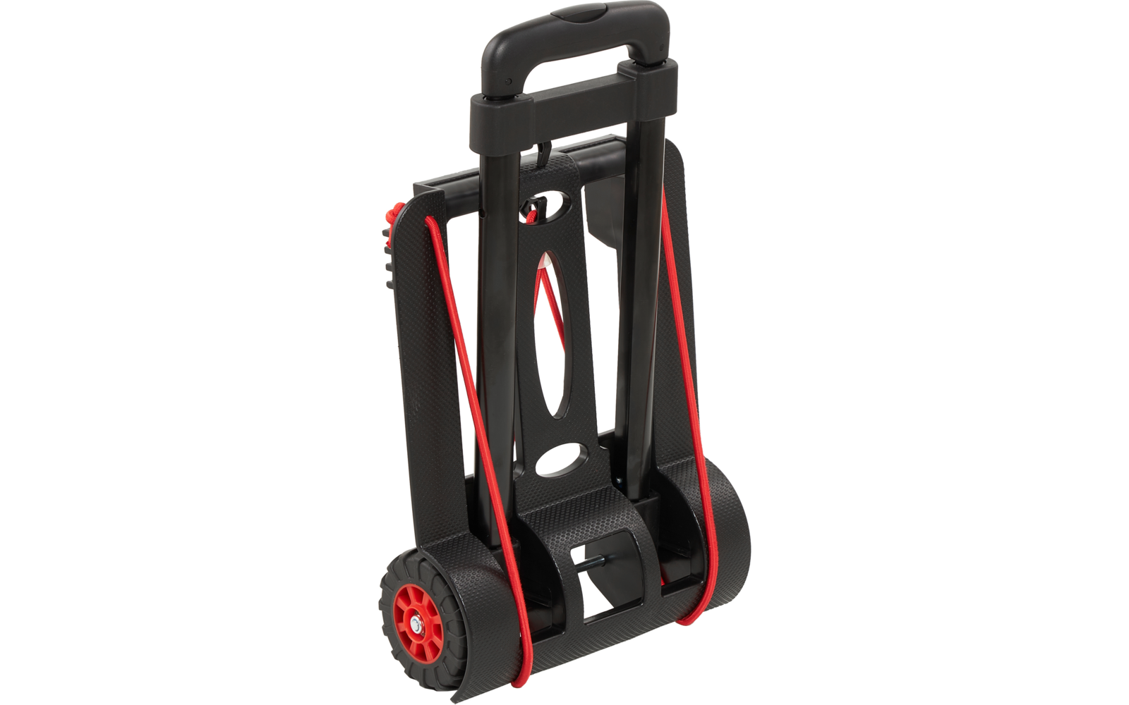 Diable pliant noir en plastique avec deux roues et sangles élastiques rouges