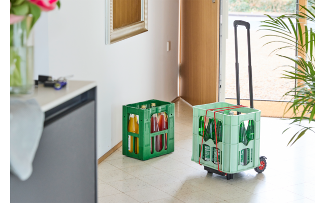 Deux caisses en plastique vertes contenant des bouteilles en verre dans un hall près d'une porte d'entrée ouverte ; une caisse sur un petit chariot à roulettes avec poignée déployée ; plante en pot et meuble avec un vase et des clés visibles