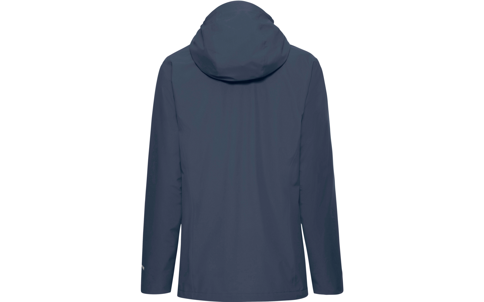 Achteraanzicht van een donkerblauwe capuchonjas met lange mouwen
