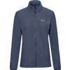 Donkerblauwe fleecejas met ritssluiting over de volle lengte, opstaande kraag, lange mouwen, klein logo links op de borst en zijzakken