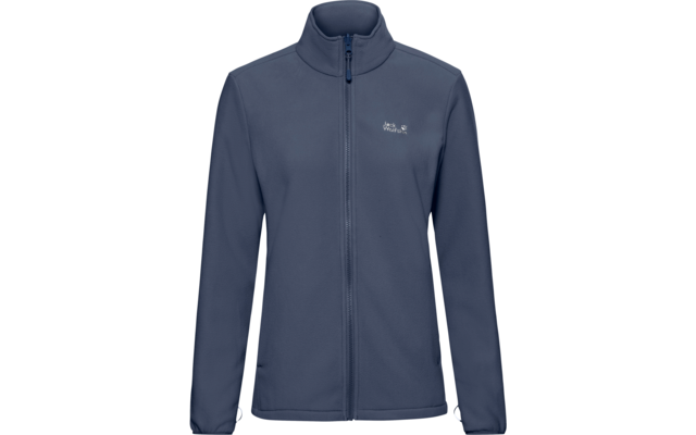 Donkerblauwe fleecejas met ritssluiting over de volle lengte, opstaande kraag, lange mouwen, klein logo links op de borst en zijzakken
