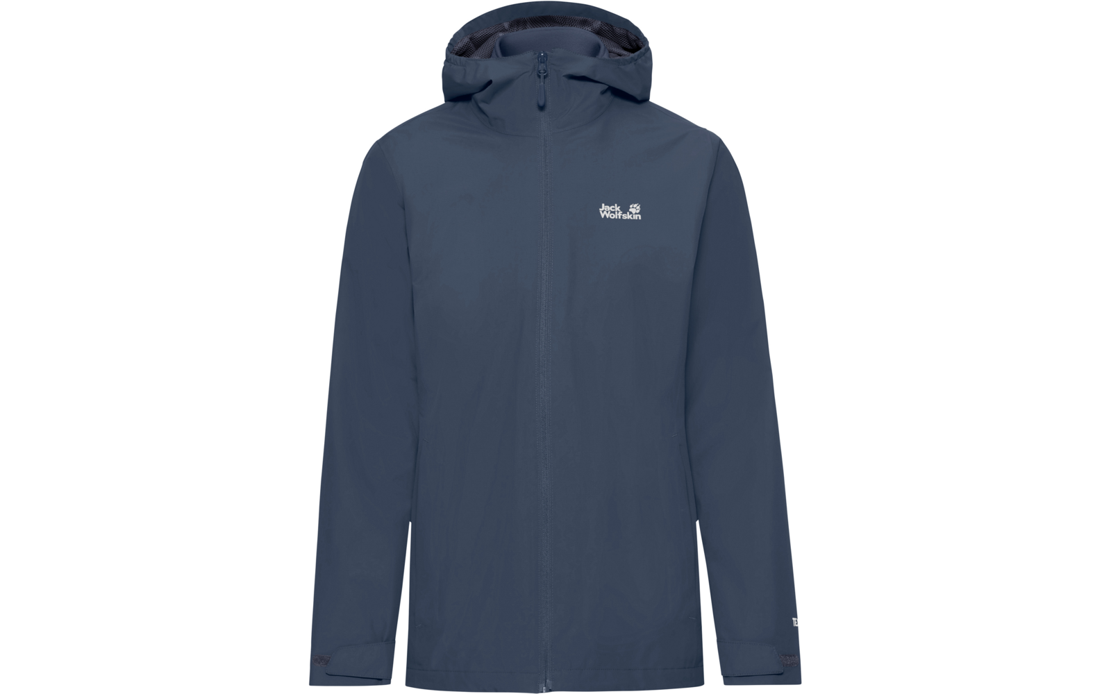 Donkerblauwe jas met capuchon, rits aan de voorkant, lange mouwen en wit "Jack Wolfskin"-logo op de linkerborst