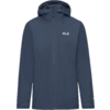 Donkerblauwe jas met capuchon, rits aan de voorkant, lange mouwen en wit "Jack Wolfskin"-logo op de linkerborst