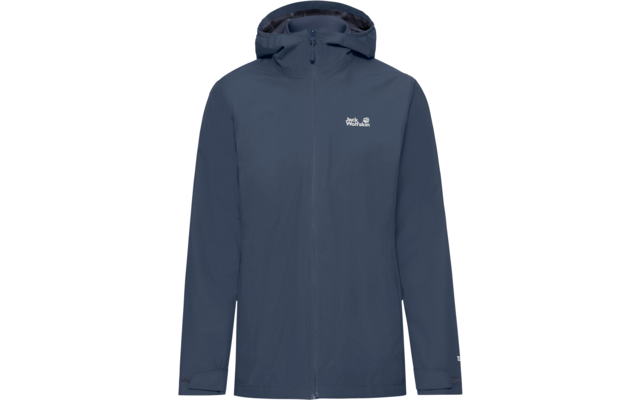 Donkerblauwe jas met capuchon, rits aan de voorkant, lange mouwen en wit "Jack Wolfskin"-logo op de linkerborst