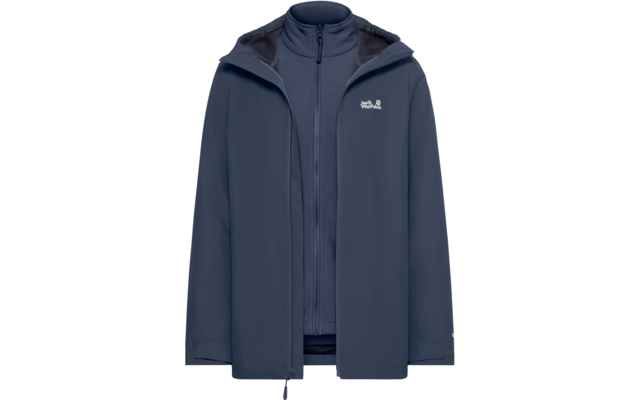 Donkerblauë kapjas met open rits aan de voorkant, zichtbare binnenlaag met rits, koordsluiting aan de onderkant en wit logo op de linkerborst