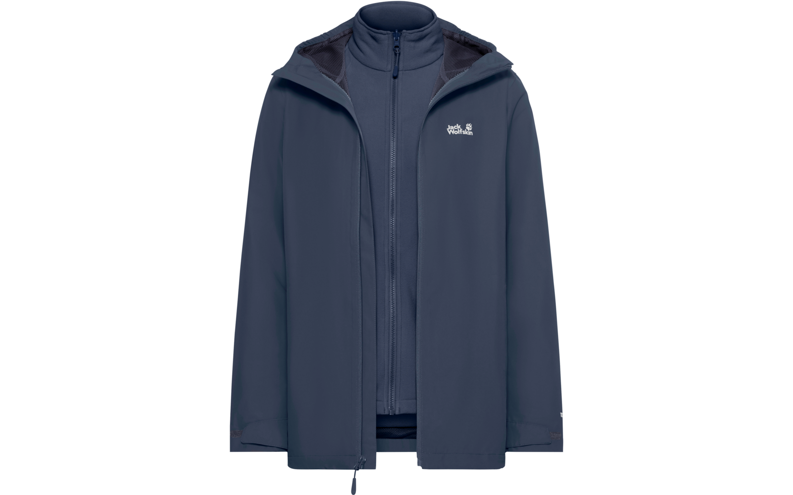 Donkerblauë kapjas met open rits aan de voorkant, zichtbare binnenlaag met rits, koordsluiting aan de onderkant en wit logo op de linkerborst