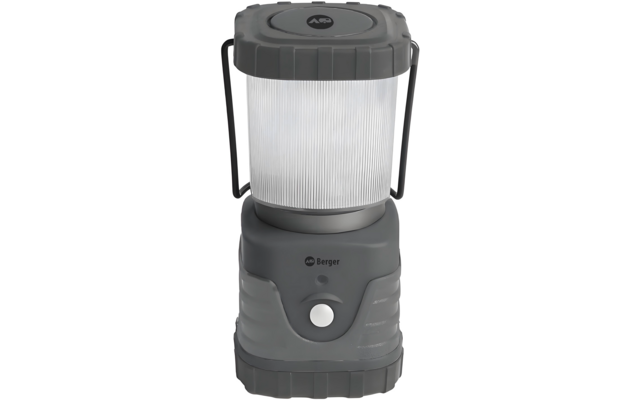 Graues, zylindrisches Gerät mit geriffeltem transparentem Mittelteil, zwei seitlichen Bügeln, rundem Knopf und Schriftzug Berger vorne