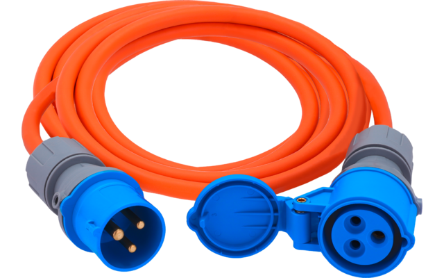 Aufgewickeltes orangefarbenes Kabel mit zwei blauen Steckverbindern; linker Stecker zeigt drei runde Metallstifte, rechter Stecker hat drei runde Öffnungen und eine geöffnete Schutzkappe; graue Kunststoffüberzüge an den Enden